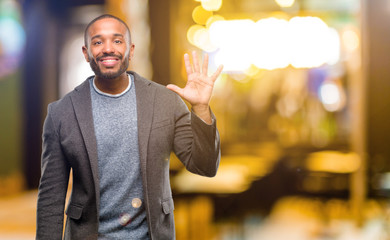 Poster - African american man with beard raising finger, is the number five at night