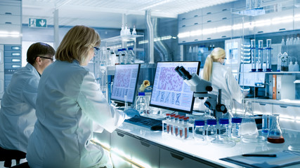 Female and Male Scientists Working on their Computers In Big Modern Laboratory. Various Shelves with Beakers, Chemicals and Different Technical Equipment is Visible.
