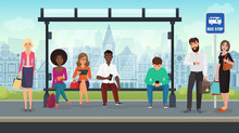 People Were Sitting At The Modern Bus Stop. Vector Illustration.