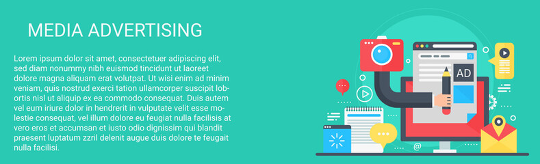 Aufkleber - Flat modern vector concept Media advertising banner with icons and text.