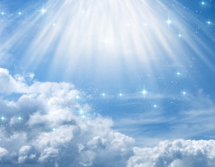 divine, mystical, angelic blue background with cloudy sky, rays of light and stars