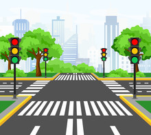 Vector Illustration Of Streets Crossing In Modern City, City Crossroad With Traffic Lights, Markings, Trees And Sidewalk For Pedestrians. Beautiful Cityscape On Background.
