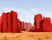 Vector Illustration Of Wild West Texas Desert Landscape With Dry Grass And Red Color Mountains Of Canyon. Flat Cartoon Style For Game Art And Animation Game.