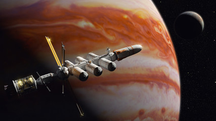Wall Mural - spaceship on a mission to ice moon europa, in orbit of planet jupiter