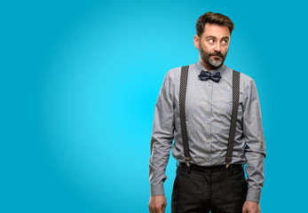 Sticker - Middle age man, with beard and bow tie doubt expression, confuse and wonder concept, uncertain future