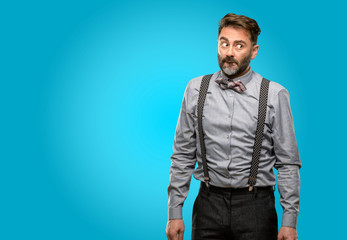 Sticker - Middle age man, with beard and bow tie doubt expression, confuse and wonder concept, uncertain future