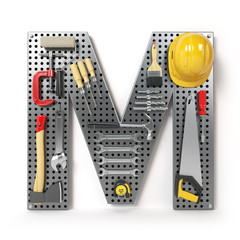 Wall Mural - Letter M. Alphabet from the tools on the metal pegboard isolated on white.