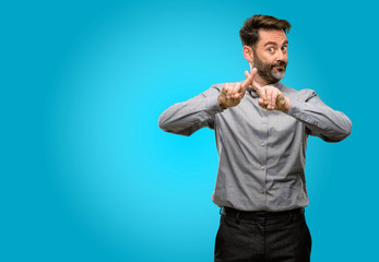 Poster - Middle age man, with beard and bow tie annoyed with bad attitude making stop sign with hand, saying no, expressing security, defense or restriction, maybe pushing