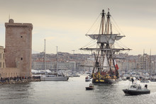 Old French Battle Ship, L'Hermione. In The Old Harbor Of Marseille, France