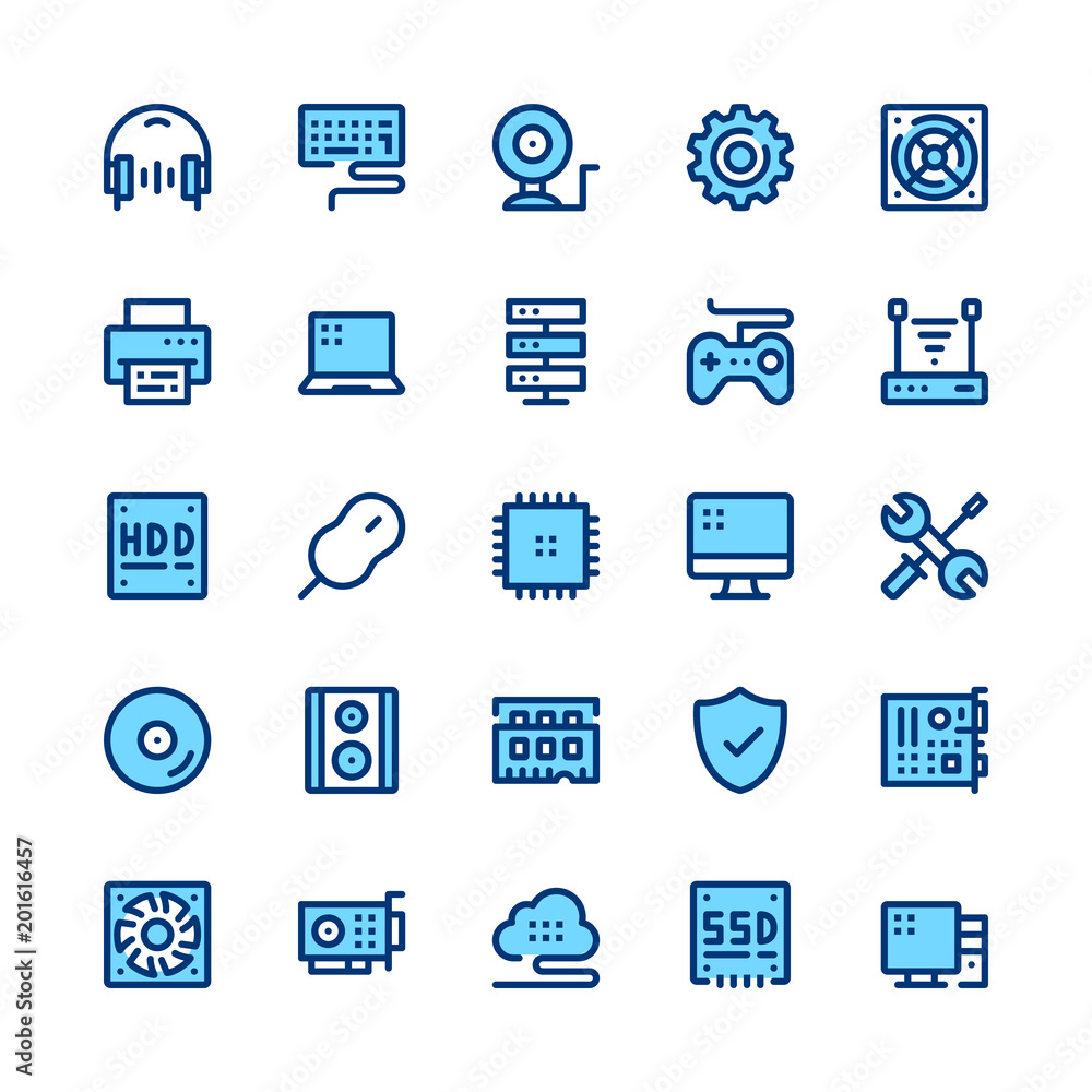 Computer Parts Sign Computer hardware, PC parts line icons set. Modern graphic design ...