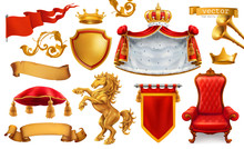 Gold Crown Of The King. Royal Chair, Mantle, Pillow. 3d Vector Icon Set