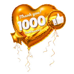 Wall Mural - 1k or 1000 followers thank you golden heart and gold balloons, star. 3D Illustration for Social Network friends, followers, Web user Thank you celebrate of subscribers or followers and likes.