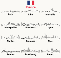 Fototapete - vector outline icons of France cities skylines