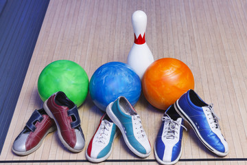 Wall Mural - bowling shoes, bowling pins and ball for play in bowling