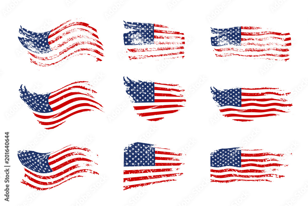 Vintage waving USA flag set. Vector waving American flags on grunge texture. - obrazy, fototapety, plakaty 