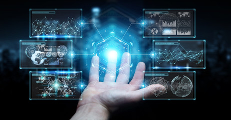 Wall Mural - businessman using digital screens interface with holograms datas 3d rendering