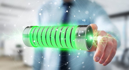 Poster - Businessman using green battery with lightnings 3D rendering