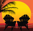© gldcreations - Vector silhouetted chairs and palms in front of a large yellow, orange, gold sun with colorful background.