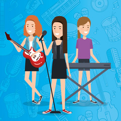 Poster - music festival live with women playing instruments and sing vector illustration