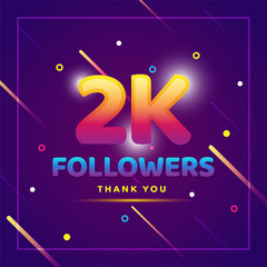 Sticker - 2k or 2000 followers thank you colorful background and glitters. Illustration for Social Network friends, followers, Web user Thank you celebrate of subscribers or followers and likes