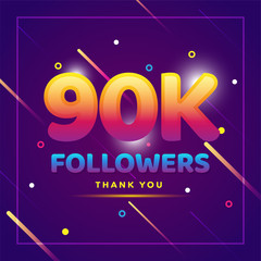 Sticker - 90k or 90000 followers thank you colorful background and glitters. Illustration for Social Network friends, followers, Web user Thank you celebrate of subscribers or followers and likes