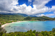 Beautiful tropical beach with blue water and green hills, top view. Koh Phangan, Thailand, Ao Thong Nai Pan Noi