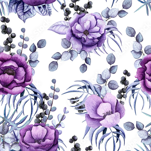 Dekoracja na wymiar  jednolity-wzor-akwareli-fioletowych-kwiatow-i-niebieskich-lisci