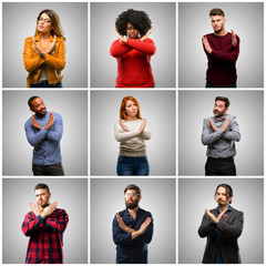 Sticker - Group of mixed people, women and men annoyed with bad attitude making stop sign crossing hands, saying no, expressing security, defense or restriction