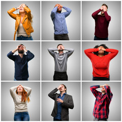 Poster - Group of mixed people, women and men stressful keeping hands on head, tired and frustrated