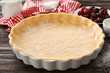 © Africa Studio - Baking pan with unbaked crust for cherry pie on kitchen table