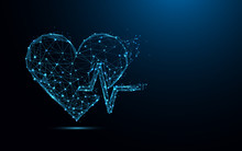 Abstract Heart Beat Form Lines And Triangles, Point Connecting Network On Blue Background. Illustration Vector