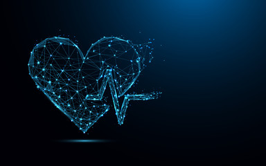 Wall Mural - Abstract heart beat form lines and triangles, point connecting network on blue background. Illustration vector