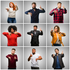 Sticker - Group of mixed people, women and men confused with thumbs up and down, trying to take a decision expressing doubt and frustration