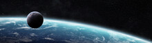 Panoramic View Of Planet Earth With The Moon 3D Rendering Elements Of This Image Furnished By NASA