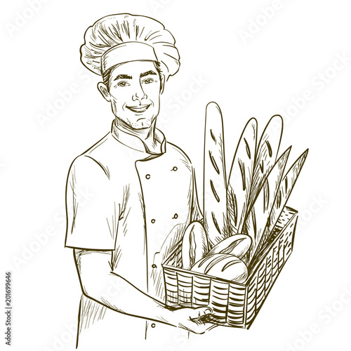 Baker man holding basket of breads. Hand drawn vector illustration on