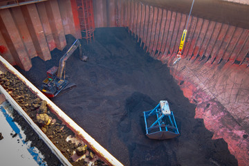 the process of Lignite coal in freight discharge form bulk cargo ship anchor.