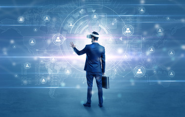 manager with vr headset and social network research concept