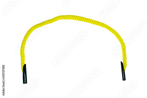 Fotografía Yellow drawstring close-up, top view, isolated on white background