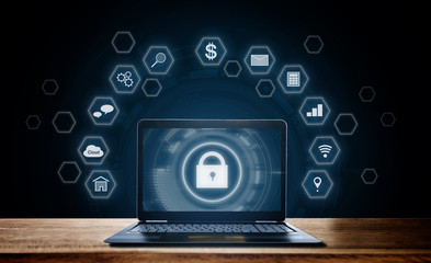 Cyber internet security system. Lock icon technology on computer laptop screen with application icons