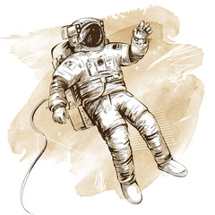 cosmonaut or astronaut in spacesuit. hand drawn vector illustration on artistic watercolor backgroun