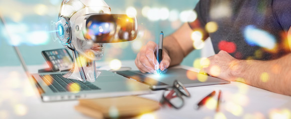 Graphic designer using virtual reality and artificial intelligence 3D rendering