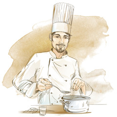 Happy chef cooking with pan. Hand drawn vector illustration on artistic watercolor background.