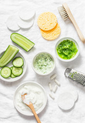 Wall Mural - calming cucumber yogurt mask. ingredients for homemade cucumber face mask-cucumber, natural yogurt, 