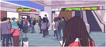 Illustration Of Busy Subway, Metro, Underground, Train Station With People Waiting, Standing In Line On Platform And Boarding Car