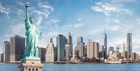 the statue of liberty, landmarks of new york city with manhattan skyscraper background