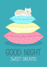 Good Night. Sweet Dreams. White Cat Sleeping On Stack Of Pillows. Cute Vector Illustration.