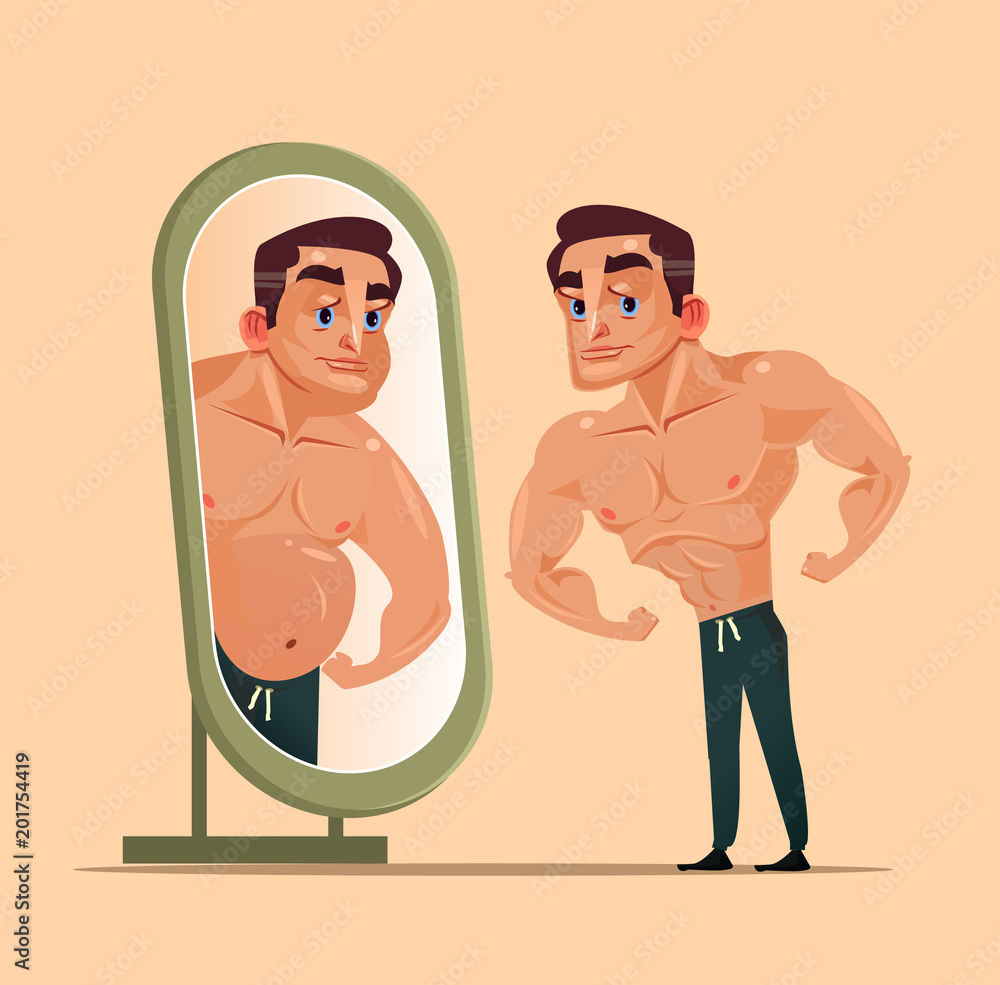Handsome strong man character looking mirror and seeing themselves as fat person. Underestimate yourself and obsession pretend concept. Vector flat cartoon isolated illustration - obrazy, fototapety, plakaty 