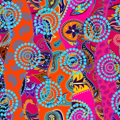 Leinwandbilder - Seamless background pattern. Patchwork pattern with Paisley ornament patterns. Bright magenta and orange colors. Ethnic indian style.