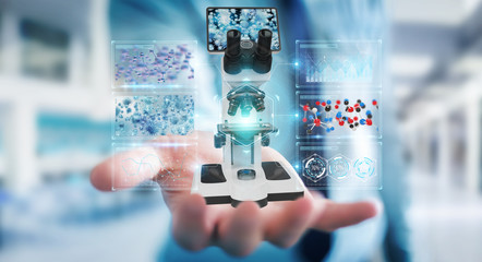 Aufkleber - Businessman using modern microscope with digital analysis 3D rendering