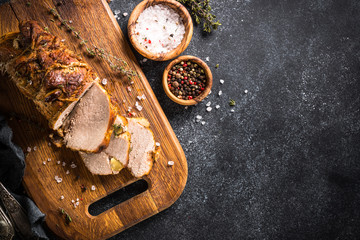 Poster - Roast pork meat with spices and herbs.  Top view.